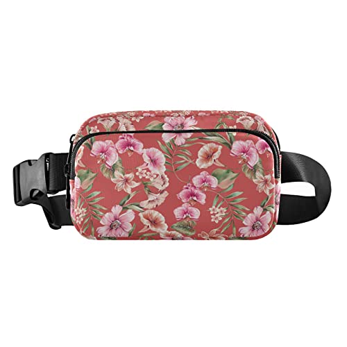 Tropische Blumen Blätter rote Bauchtasche für Damen und Herren Gürteltasche Crossbody-Taschen mit verstellbarem Riemen Mini überall Hüfttasche für Workout Laufen, Maschinenwäsche, 8 x 6.5 x 2.3 Inches, Bauchtasche von GuoChe