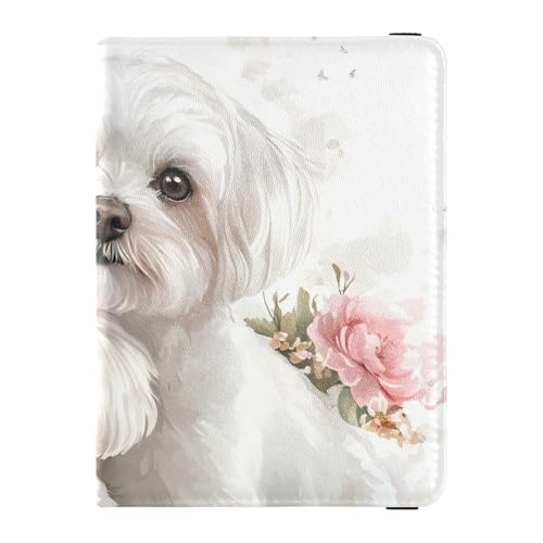 Weiße Welpen mit Rosen Leder Reisepass und Impfkartenhalter Combo Reisepass Hülle Reisedokumente Brieftasche Reisepasshülle für Damen und Herren Wasserdicht von GuoChe