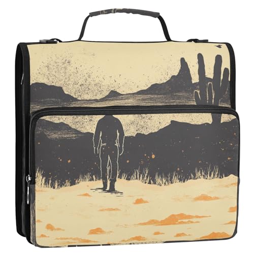 Western Cowboy Boho Kaktus Vast Wilderness 3 Ringe Reißverschluss Binder Tasche mit Griff und abnehmbarem Schultergurt, leicht zu transportieren, Portfolio-Organizer, geeignet für Mittelschule von GuoChe