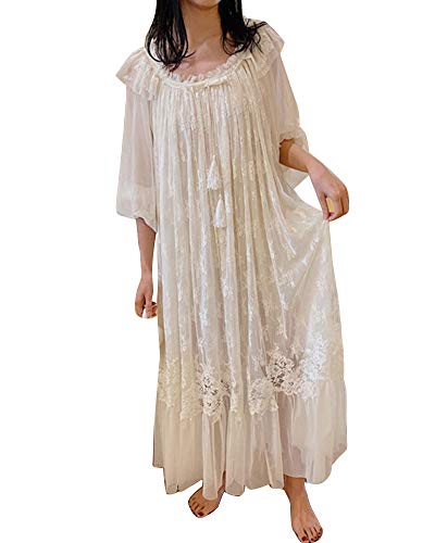 Damen Plus Größen Frühling Herbst Elastischer Kragen Prinzessin Lang Spitze Chiffon-Kleid Nachtkleid Einteiliger Nachthemd Pyjama Nachtwäsche Schlafhemd Sleepshirt Schlafanzug Weiß XL von GUOCU