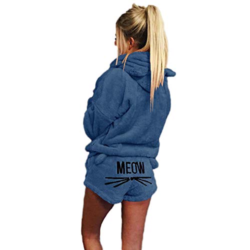 Damen Winter Warmer Pyjamas Set Mädchen Zweiteiliger Nette Katzen Meow Pyjamas Kapuzenpullover Hoodie und Shorts Samt Langarm Nachtwäsche mit Kapuze Hosenanzug Schlafanzug+Kurze Hosen E 5XL von GUOCU