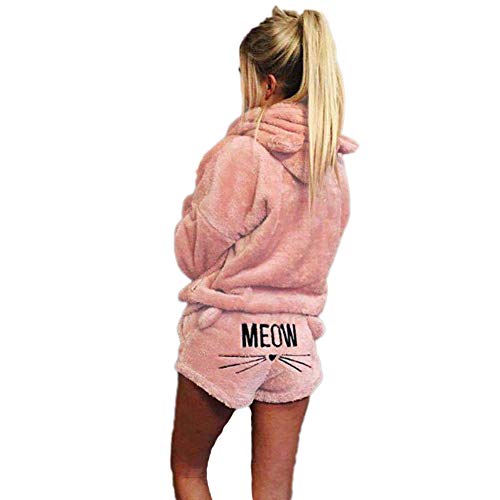 GUOCU Damen Winter Warmer Pyjamas Set Mädchen Zweiteiliger Nette Katzen Meow Pyjamas Kapuzenpullover Hoodie und Shorts Samt Langarm Nachtwäsche mit Kapuze Hosenanzug Schlafanzug+Kurze Hosen N S von GUOCU