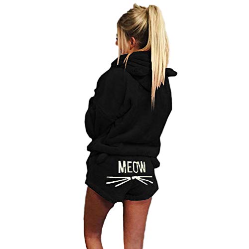 Damen Winter Warmer Pyjamas Set Mädchen Zweiteiliger Nette Katzen Meow Pyjamas Kapuzenpullover Hoodie und Shorts Samt Langarm Nachtwäsche mit Kapuze Hosenanzug Schlafanzug+Kurze Hosen P 5XL von GUOCU