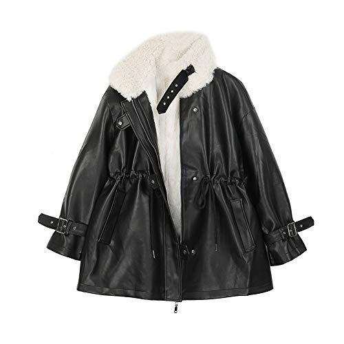 GUOCU Damen Mittellange Revers PU Lederjacke mit Fell,Pilotenjacke Bikerjacke Motorrad Jacke Winter Frauen Fleece Mantel Mode Lässig Winterjacke Kunstleder Jacke Top Coat mit Reißverschluss M von GUOCU