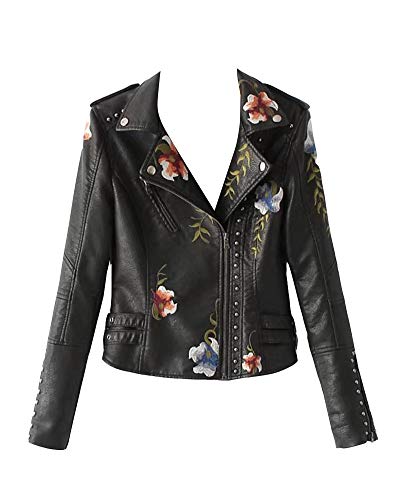 GUOCU Damen PU Lederjacke Kunstlederjacke mit Stickerei Floral Bikerjacke Kurzjacke Übergangsjacke Outwear Mäntel Schwarz XXL von GUOCU