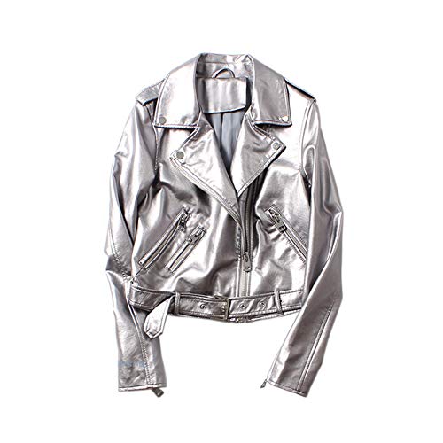 GUOCU Damen Revers Silberne PU Lederjacke Modischer Kurz Jacke Mantel Klassische Kunstlederjacke Lässige Reißverschluss Motorradjacke Bikerjacke Frühling College Jacke Bomberjacke Cropped Tops L von GUOCU