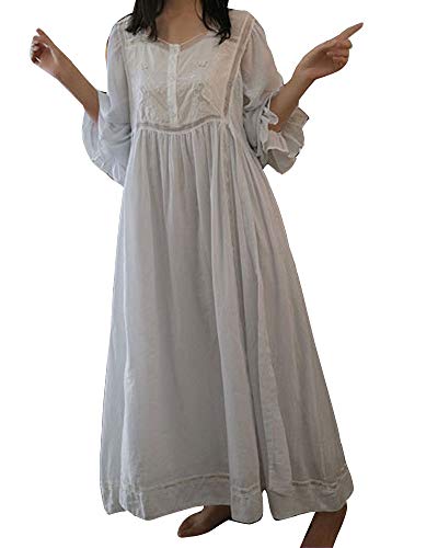 Damen Vintage Süß Prinzessin Stil Nachthemd Langarmpyjama mit floraler Spitze Bestickt Nachtwäsche Lounge-Kleid Schlafkleid Einteiliger Schlafanzug Sleepwear Blau S von GUOCU