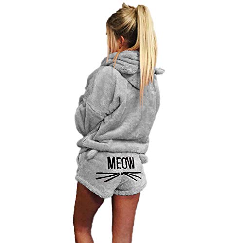 GUOCU Damen Winter Warmer Pyjamas Set Mädchen Zweiteiliger Nette Katzen Meow Pyjamas Kapuzenpullover Hoodie und Shorts Samt Langarm Nachtwäsche mit Kapuze Hosenanzug Schlafanzug+Kurze Hosen B 5XL von GUOCU