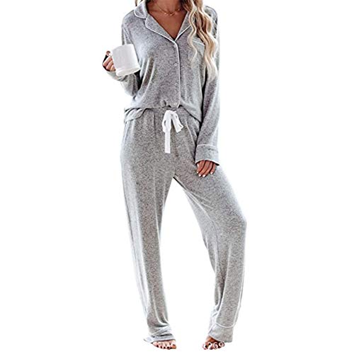 Damen Zweiteiliger Schlafanzug Lang Pyjama Set Baumwolle Langarm Nachtwäsche Knopfleiste Sleepwear Tie-Dye Oberteile und Pyjamahose Lounge Sets Hausanzug Freizeitanzug E L von GUOCU