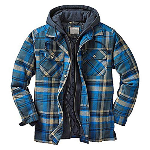 GUOCU Herren Retro Hooded Thermojacke Arbeitsjacke Hoodie Winterjacke Kariert Jacke mit Kapuze Langarm Freizeithemd Fleecefutter Holzfällerhemd Arbeitshemd Karo Gefüttert Hemdjacke Blau 3XL von GUOCU