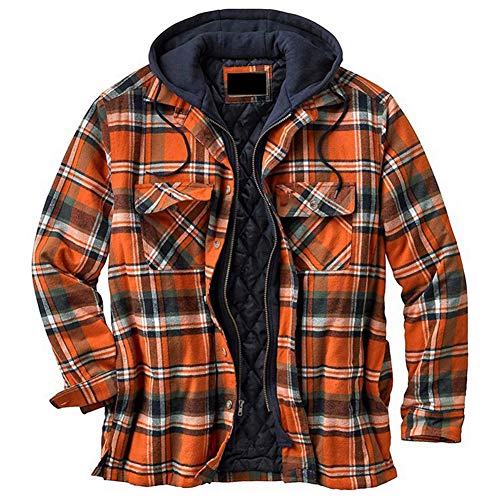 GUOCU Herren Retro Hooded Thermojacke Arbeitsjacke Hoodie Winterjacke Kariert Jacke mit Kapuze Langarm Freizeithemd Fleecefutter Holzfällerhemd Arbeitshemd Karo Gefüttert Hemdjacke Orange XXL von GUOCU