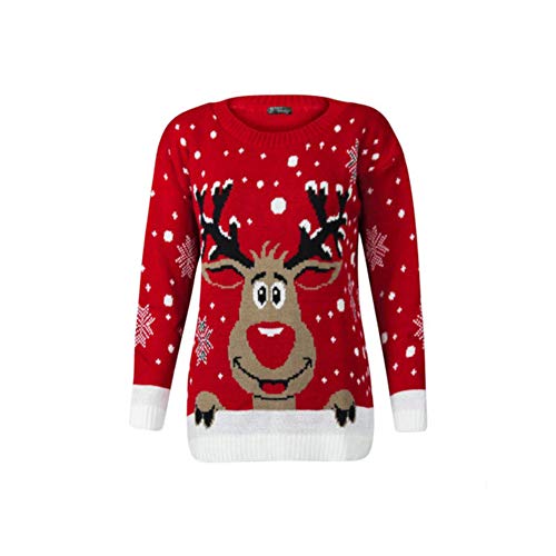 GUOCU Weihnachten Pullover Damen,Weihnachtspulli Rentier Weihnachtspullover Christmas Sweatshirt Stricken Sweater Pulli Jumper Strickpullover Rundhals Winterpullover Rot L von GUOCU