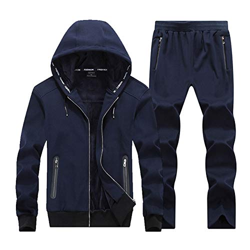 Herren Herbst Winter Groß & Groß Verdicken Warm Zweiteiliges Outfit Superweiche Jogger Bottoms & Sweatshirt Mantel Hoodie Top mit Kapuze Freizeitanzug Trainingsanzug Hausanzug blau XL von GUOCU