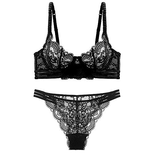 Damen Sexy Weiche Spitze Dessous Set Durchsichtig Unterwäsche Floral Spitze Bügel Sheer BH und Panty Set - Schwarz - 85C von Guoeappa