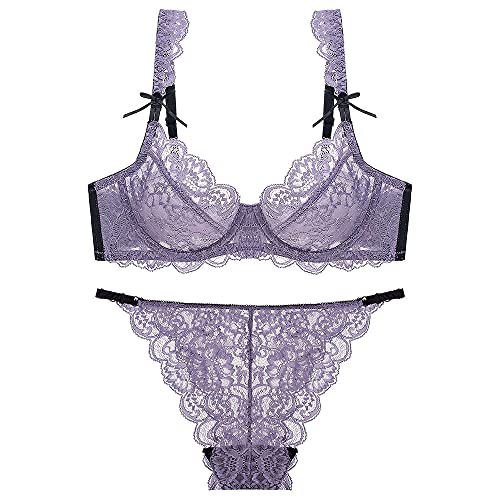 Guoeappa Frauen Sexy Spitze Dessous Set Comfotable Bügel BH und Panty Sets, violett, 90C von Guoeappa