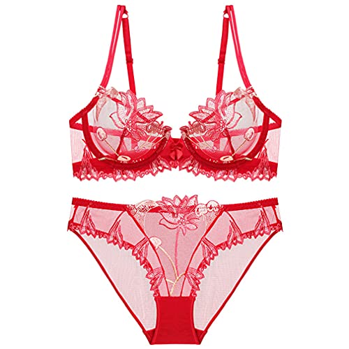 Guoeappa Frauen Sexy Weiche Spitze BH und Panty Set Bügel Alltag BH Floral Spitze Dessous(Rot,80D) von Guoeappa