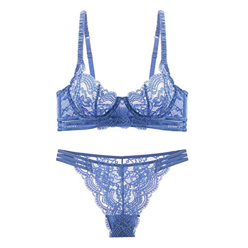 Guoeappa Frauen Sexy Weiche Spitze BH und Panty Set Bügel Alltag BH Floral Spitze Dessous (Blau,75D) von Guoeappa