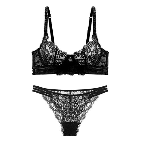 Guoeappa Frauen Sexy Weiche Spitze BH und Panty Set Bügel Alltag BH Floral Spitze Dessous (Schwarz,80B) von Guoeappa