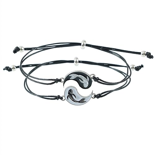 Guoguonb 2 Stücke Yin Yang Armband Legierung Yin Yang Taichi BFF Paare Fisch Anhänger Armband Passende Puzzle Best Friend Armband Partner Schmuck Armband für BFF Pärchen Familie - Silber und Schwarz von Guoguonb