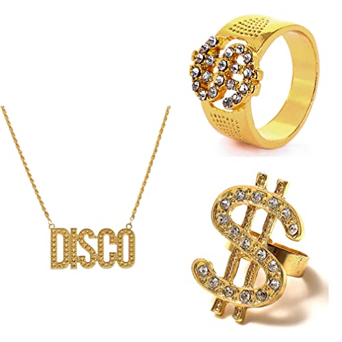 Guoguonb 3PCS Hip Hop Punk Stil Legierung Halskette und Ringe US Dollar und Disco Anhänger Vergoldete Kette Dollarzeichen Ring für Rap Sänger Trendparty Karneval Fasching Party von Guoguonb