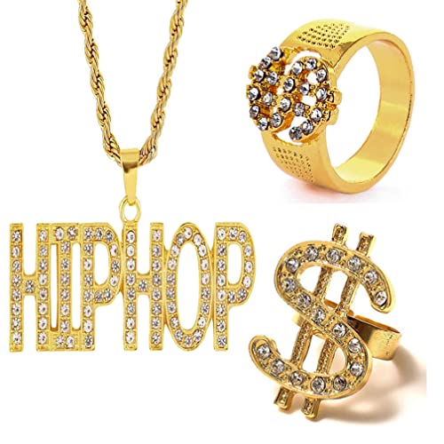 Guoguonb 3PCS Hip Hop Punk Stil Legierung Halskette und Ringe US Dollar und Hiphop Anhänger Vergoldete Kette Dollarzeichen Ring für Rap Sänger Trendparty Karneval Fasching Party von Guoguonb