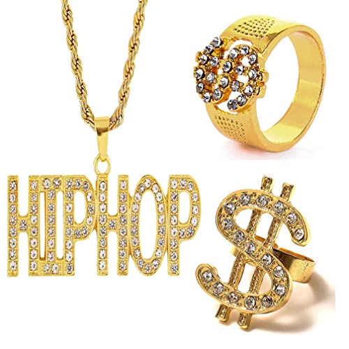 Guoguonb 3PCS Hip Hop Punk Stil Legierung Halskette und Ringe US Dollar und Hiphop Anhänger Vergoldete Kette Dollarzeichen Ring für Rap Sänger Trendparty Karneval Fasching Party Guoguonb 3PCS Hip Hop Punk Stil Legierung Halskette und Ringe US Dollar und Hiphop Anhänger Vergoldete Kette Dollarzeichen Ring für Rap Sänger Trendparty Karneval Fasching Party von Guoguonb