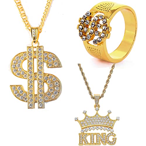 Guoguonb 3PCS Hip Hop Punk Stil Legierung Halskette und Ringe US Dollar und King Anhänger Vergoldete Kette Dollarzeichen Halskette für Rap Sänger Trendparty Karneval Fasching Party Guoguonb 3PCS Hip Hop Punk Stil Legierung Halskette und Ringe US Dollar und King Anhänger Vergoldete Kette Dollarzeichen Halskette für Rap Sänger Trendparty Karneval Fasching Party von Guoguonb