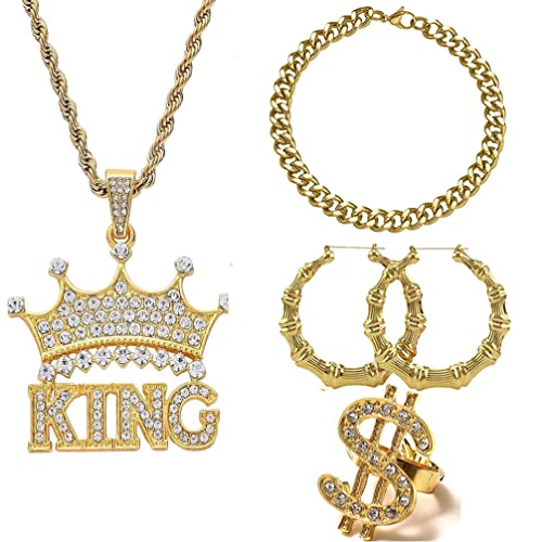 Guoguonb 4PCS Hip Hop Punk Stil Legierung Halskette Armbänder Ohrringe und Ringe King Anhänger Vergoldete Kette US Dollar Ring für Rap Sänger Trendparty Karneval Fasching Party von Guoguonb