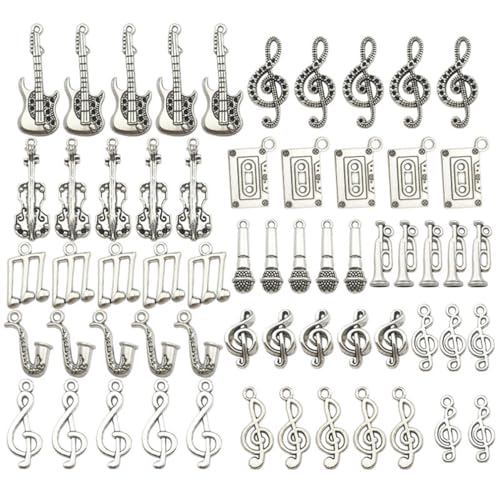 Guoguonb 60 Stück Retro Musik-Anhänger Schmuck Antik Steampunk Noten Legierungen Anhänger Gitarre Mikrofone Verschiedene Musikinstrumente Anhänger für DIY Schmuck Basteln Armband Halskette，Silber von Guoguonb