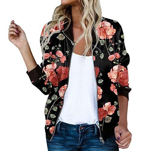 Guotobe Bomberjacke Damen Mit Blumenmuster Reißverschluss Blouson Jacke Fliegerjacke Kurz Leichte College Jacke Bomberjacke Langarm Casual Pilotenjacke Schwarz Oversized Übergangsjacke Kurz Coat von Guotobe