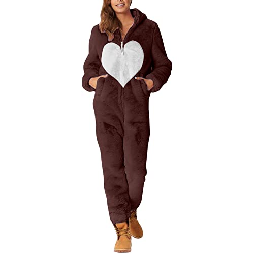 Guotobe Damen Schlafanzug Einteiler Einteiler Teddy Fleece Onesies Overall Reißverschluss Lang mit Kapuze Schlafanzug Pyjamas Warm Plüsch Jumpsuit Nachtwäsche Große Größen Flauschig Schlafoverall von Guotobe