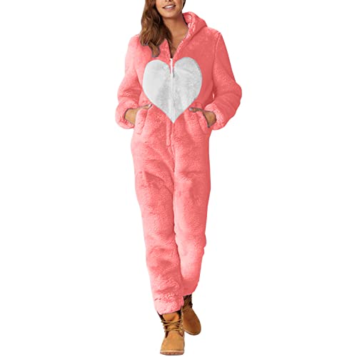 Guotobe Jumpsuit Damen Teddy Fleece Reißverschluss Onesies Pyjamas Einteiler Kuschelig Lang Jumpsuit Schlafanzug mit Kapuze Einfarbig Overall Nachtwäsche Flauschig Weich Hausanzug von Guotobe