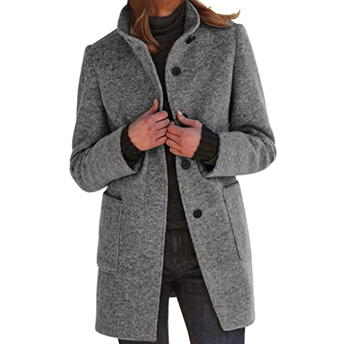 Guotobe Wollmantel Damen Einfarbige Mantel Übergangsmantel Große Größen Casual Outwear Lang Schwarzer Übergangsjacke mit Taschen Slim Fit Trenchcoat Herbst Winter Windjacke Weiche Wintermantel von Guotobe