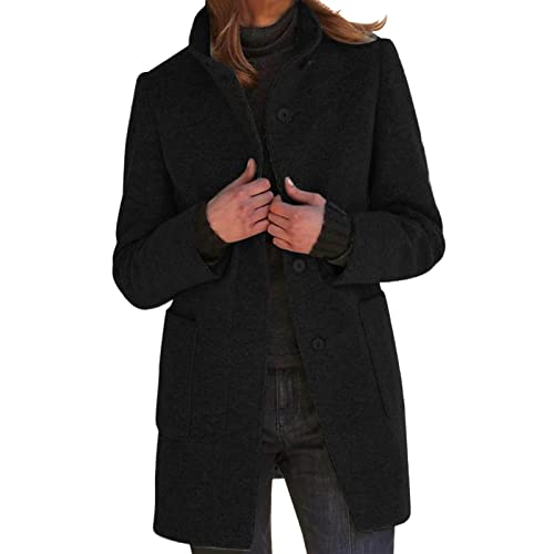 Guotobe Wollmantel Damen Einfarbige Mantel Übergangsmantel Große Größen Casual Outwear Lang Schwarzer Übergangsjacke mit Taschen Slim Fit Trenchcoat Herbst Winter Windjacke Weiche Wintermantel von Guotobe