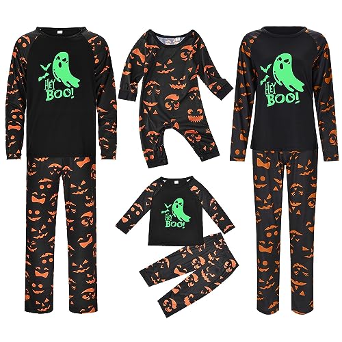 Halloween Schlafanzug Familie Leuchtend Festliches Familien Pyjama Set Halloween Kostüm Kinder Damen Herren Paar Set Kuschelig Kürbis Druck Nachtwäsche Nachthemd Warme Hausanzug Lang Outfit von Guotobe