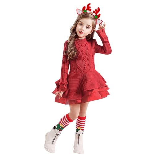 Mädchen Kleid 140 Langarm Weihnachten Strickkleid für Mädchen Rot Weihnachts Prinzessin Kleid Knielang Weihnachtskleid Festliches Kleid Hirsch Schneeflocke Kleid Winter Warm Strick Pullover Kleider von Guotobe