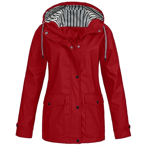 Guotobe Regenjacke Damen Atmungsaktiv 5xl Große Größen Regenmantel Schwarz Softshelljacke Gelb Outdoorjacke Übergangsjacke Jacke mit Kapuze für Frühlings Herbst zum Wandern Fahrrad, Y2 Rot von Guotobe