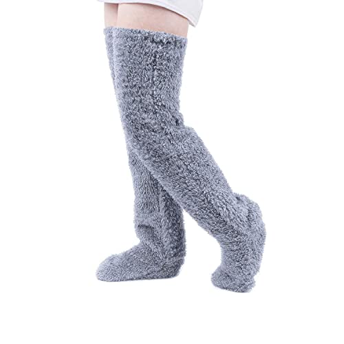 Overknee High Flauschige Socken Plüsch Hausschuhe Strümpfe Pelzig Lange Beinwärmer Winter Zuhause Schlafsocken Gr. Einheitsgröße, grau von Gupiar