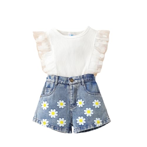 Guqmjde Bekleidungssets für Mädchen Unterhemd mit Jeans Shorts Mode Kinder Anzug Tshirt und Kurze Hose Sets Sommer Zweiteiler Kinderkleidung Kinderanzüge 2 Teiler Outfit Weiß, 3 Jahre von Guqmjde