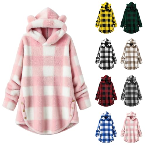 Guqmjde Hoodie Mädchen Fleece Kapuzenpullover Teddy Fleecepullover Kinder Weiche Sweatshirt Langarm Pulli Karierte Oberteile Niedliche Hoodies Teenager Kleidung Mode Kapuzenpulli Rosa 120 von Guqmjde