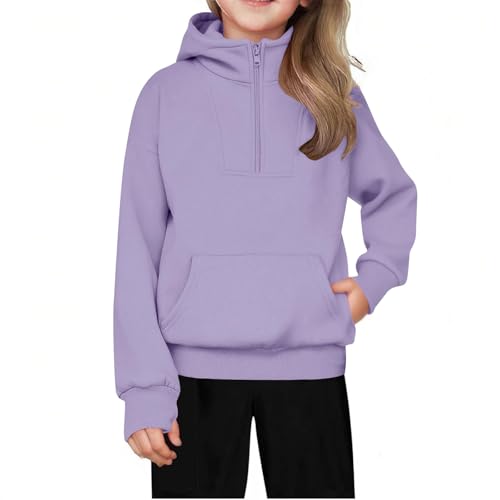 Guqmjde Hoodie Mädchen Kapuzenpullover 1/2 Zip Sweatshirt mit Tasche Klamotten Warme Oberteile Lässiger Kleidung Jogging Sportbekleidung Gym Oberteil Mode Tops Lila140 von Guqmjde
