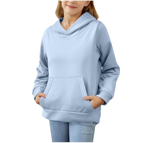 Guqmjde Hoodie Mädchen Pullover Kapuzenpullover Freizeit Hoodies Teenager Kinderkleidung Einfarbig Sweatshirt Gym Oberteil Jogging Sportbekleidung mit Taschen Oberteile Hellblau 150 von Guqmjde