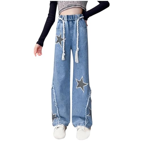 Guqmjde Jeans Mädchen Palazzo Hose Mode Y2K Hose Jeanshosen Lange Hosen Weite Hose Baggy Hose Streetwear Denimhose Outdoorhose Kinder Freizeithose Loungehose Blau, 13 Jahre von Guqmjde