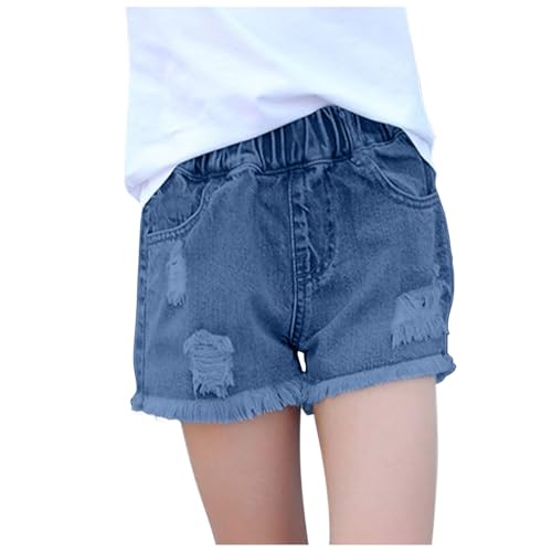 Guqmjde Jeans Shorts Mädchen Elastische Kurze Hose High Waist Hot Pants Sommerhose Strumpfhosen Hotpants Denim Kurze Hose Atmungsaktiv Radlerhose Mode Hipster Kurze Hellblau, 12 Jahre von Guqmjde