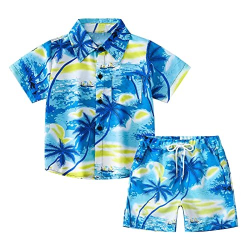 Guqmjde Junge Hemd und Shorts Set Baumwolle Bekleidungssets Hawaii T-Shirt und Kurze Hosen Sommer Kurzarm Sportshirt + Kurz Hose Zweiteiler Freizeitanzug Kinder Anzug Outfit Set Blau, 5-6 Jahre von Guqmjde