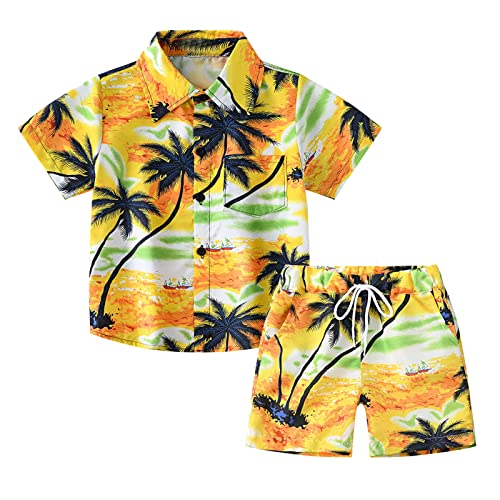 Guqmjde Junge Hemd und Shorts Set Baumwolle Bekleidungssets Hawaii T-Shirt und Kurze Hosen Sommer Kurzarm Sportshirt + Kurz Hose Zweiteiler Freizeitanzug Kinder Anzug Outfit Set Gelb, 4–5 Jahre von Guqmjde