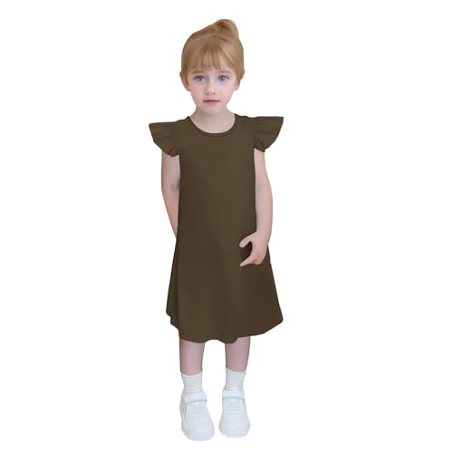 Guqmjde Kleider für Mädchen Sommerkleid Baumwolle Kleid Einfarbig Sommerkleider Casual Kinderkleider Kinderkleidung Midikleid A-Linie Freizeitkleid Flatterärmel Braun, 7 Jahre von Guqmjde