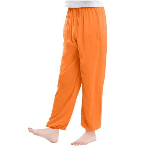 Guqmjde Mädchen Hosen Baumwolle Sommer Anti-Moskito Leinenhose Sommerhose Dünn Pumphose Y2K Hose Kuschelhose Outdoorhose Kinder Freizeithose Trainingshose Einfarbig Sweatpants Orange, 7 Jahre von Guqmjde