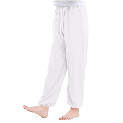 Guqmjde Mädchen Hosen Baumwolle Sommer Anti-Moskito Leinenhose Sommerhose Dünn Pumphose Y2K Hose Kuschelhose Outdoorhose Kinder Freizeithose Trainingshose Einfarbig Sweatpants Weiß, 11 Jahre von Guqmjde