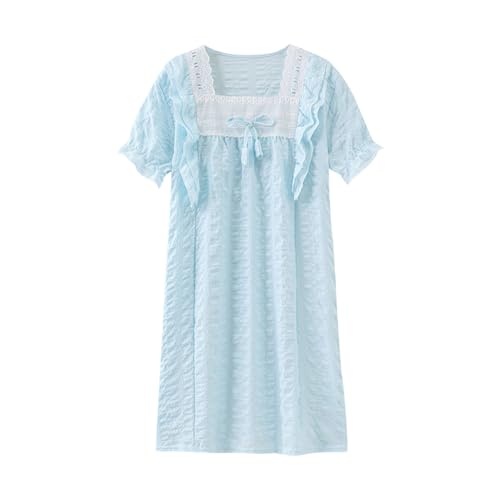 Guqmjde Mädchen Kleider Baumwolle Schlafanzug Sommer Kleid Puffärmel Sommerkleid Nachthemd mit Spitze Elegante Schlafkleid Nachtkleid Eckiger Ausschnitt Nachtwäsche Lässiger Hausanzug Blau, 5–6 Jahre von Guqmjde